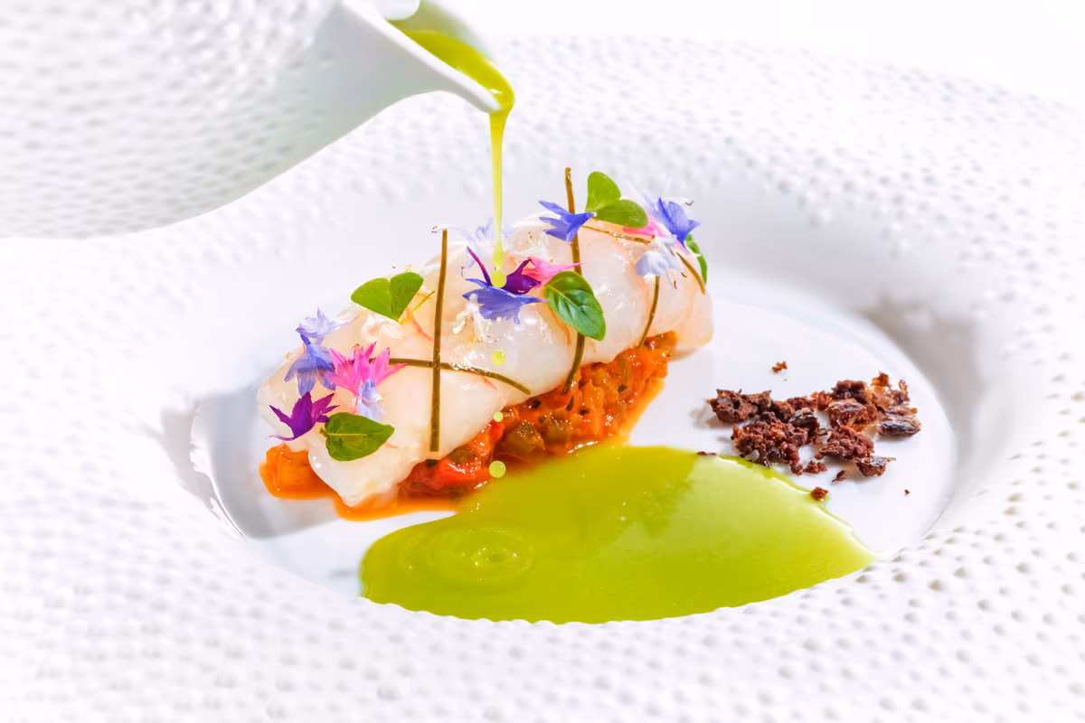 Come preparare lo scampo con peperoni e gazpacho verde di Heinz Beck