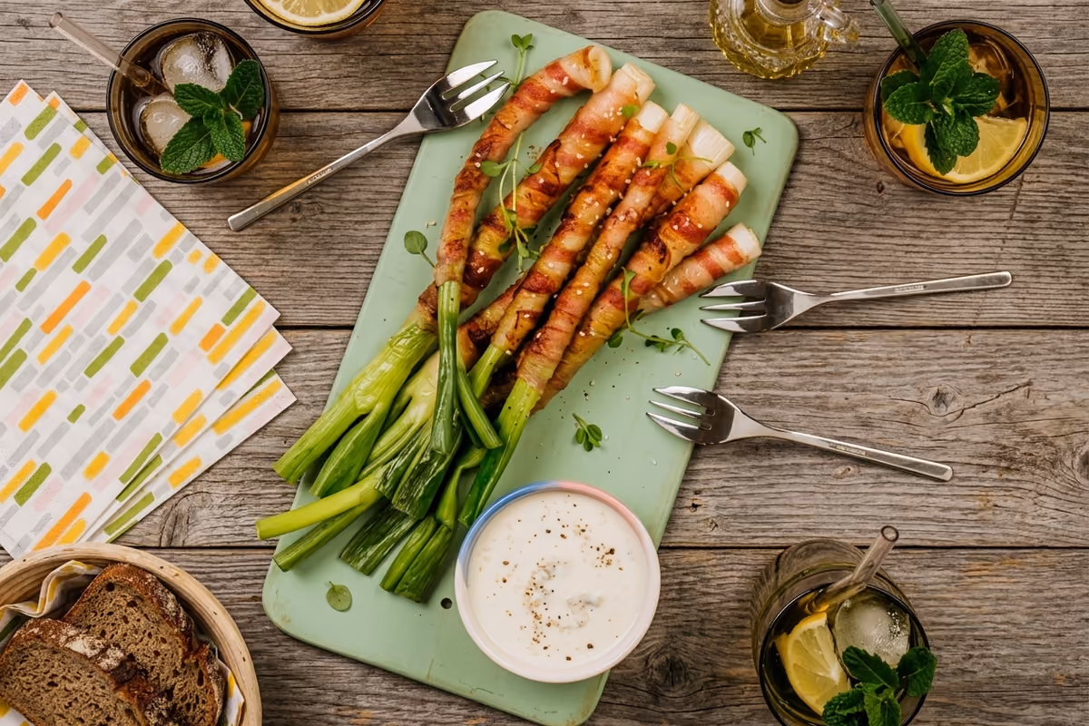 Antipasto facile e sfizioso: cipollotti alla griglia con pancetta e Gorgonzola DOP