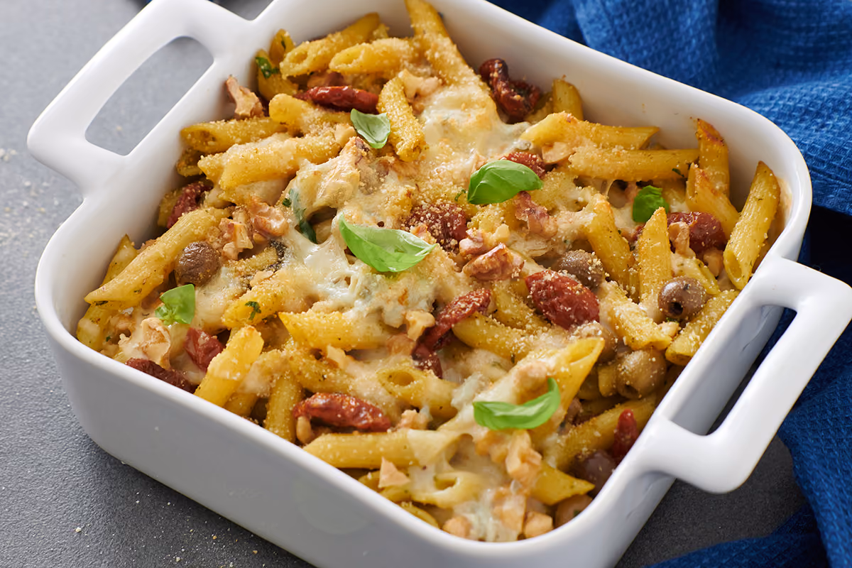 Una seconda vita per la pasta avanzata: al forno con Gorgonzola DOP, olive e pomodorini
