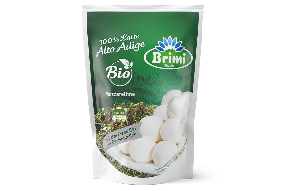 La confezione in doypack delle Mozzarelline Latte Fieno Bio di Brimi Da Brimi le Mozzarelline Latte Fieno versione Bio