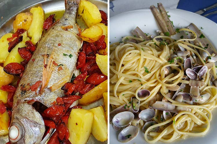 La Spigola al forno con patate e pomodorini e lo lo Spaghetto in bianco ai frutti di mare - La pizza napoletana di Moffa Cura dei dettagli, mai esagerare