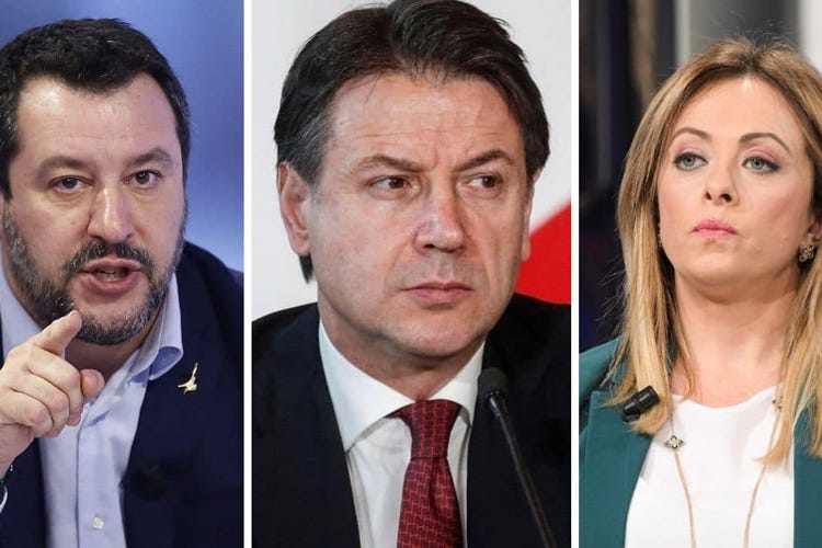 Matteo Salvini, Giuseppe Conte e Giorgia Meloni - L’Italia firmò il Mes nel 2011 L'Ue si espone e appoggia Conte