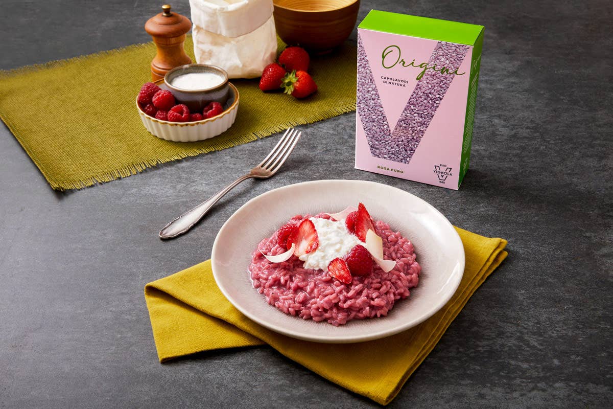 Risotto con Riso Rosa Puro con fragole, rape rosse, lamponi e burrata Note di colore e sapore con i quattro nuovi risi Origini - Capolavori di natura