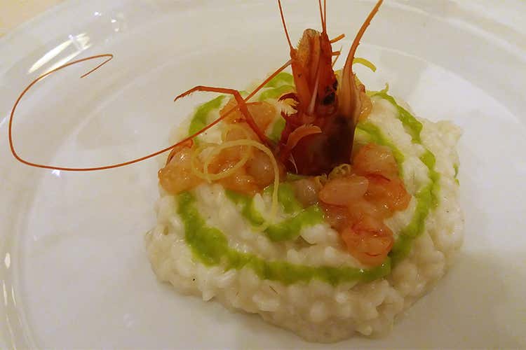 Risotto Carnaroli al limone, crema di piselli allo zenzero e tartare di Gamberi rossi del Tirreno