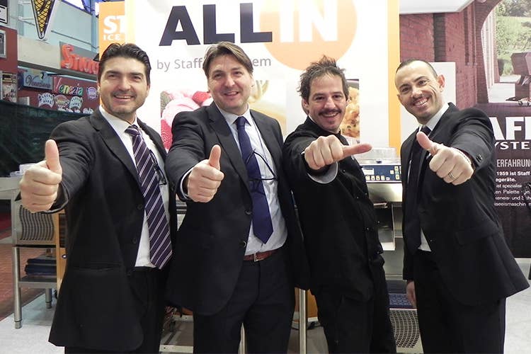 Massimo Gessaroli (direttore commerciale generale), Stefano Gessaroli (amministratore delegato), Angelo Panciera (maestro gelatiere) e Vincenzo Garuti (direttore commerciale Italia)