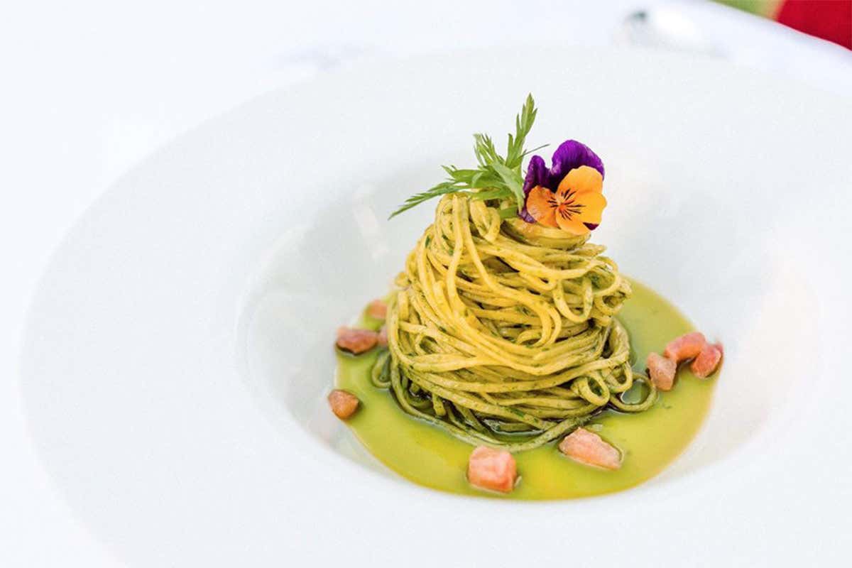 Tagliolini freschi su crema di zucchine e pesto leggero&nbsp; Tagliolini freschi su crema di zucchine e pesto leggero