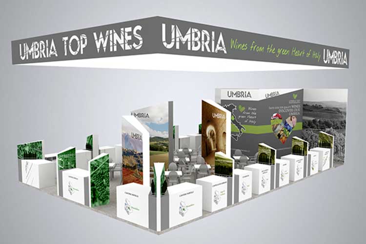 Il progetto dello stand di Umbria Top Wines a Prowein, fiera anch'essa slittata al 2021 - Sul Vinitaly, Umbria Top Wines: Bene nel 2021, ripartiamo più forti