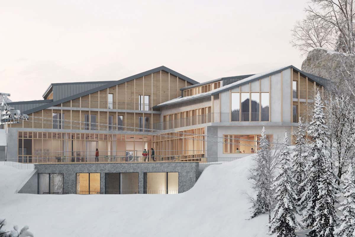 La cabinovia serale che porta al nuovo hotel a 1.600 metri nel Parco delle Orobie