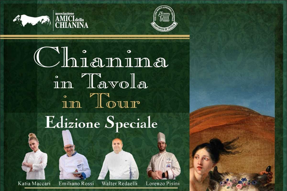 La locandina dell'evento con i 4 cuochi protagonisti Chianina in tour per quattro cene gourmet in Valdichiana