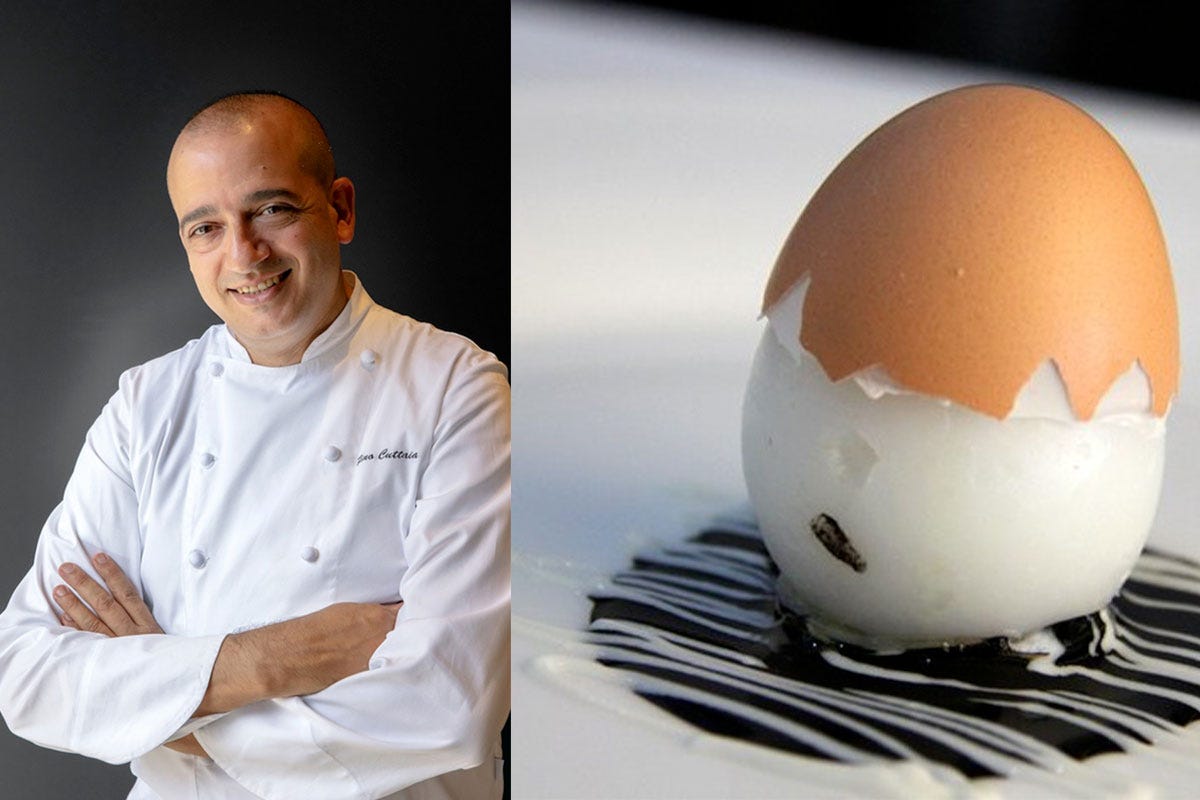 Pino Cuttaia con il suo uovo di seppia Uova, ingrediente nobile e versatile. Batavia fa la Carbonara con quelle d'oca