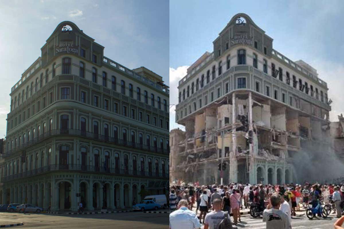 L'Hotel Saratoga, prima e dopo l'esplosione (foto a sinistra Saratoga.com, foto a destra Il Corriere) Cuba, l’Hotel Saratoga devastato da un’esplosione L'Hotel Saratoga, prima e dopo l'esplosione (foto a sinistra Saratoga.com, foto a destra Il Corriere) Cuba, l’Hotel Saratoga devastato da un’esplosione