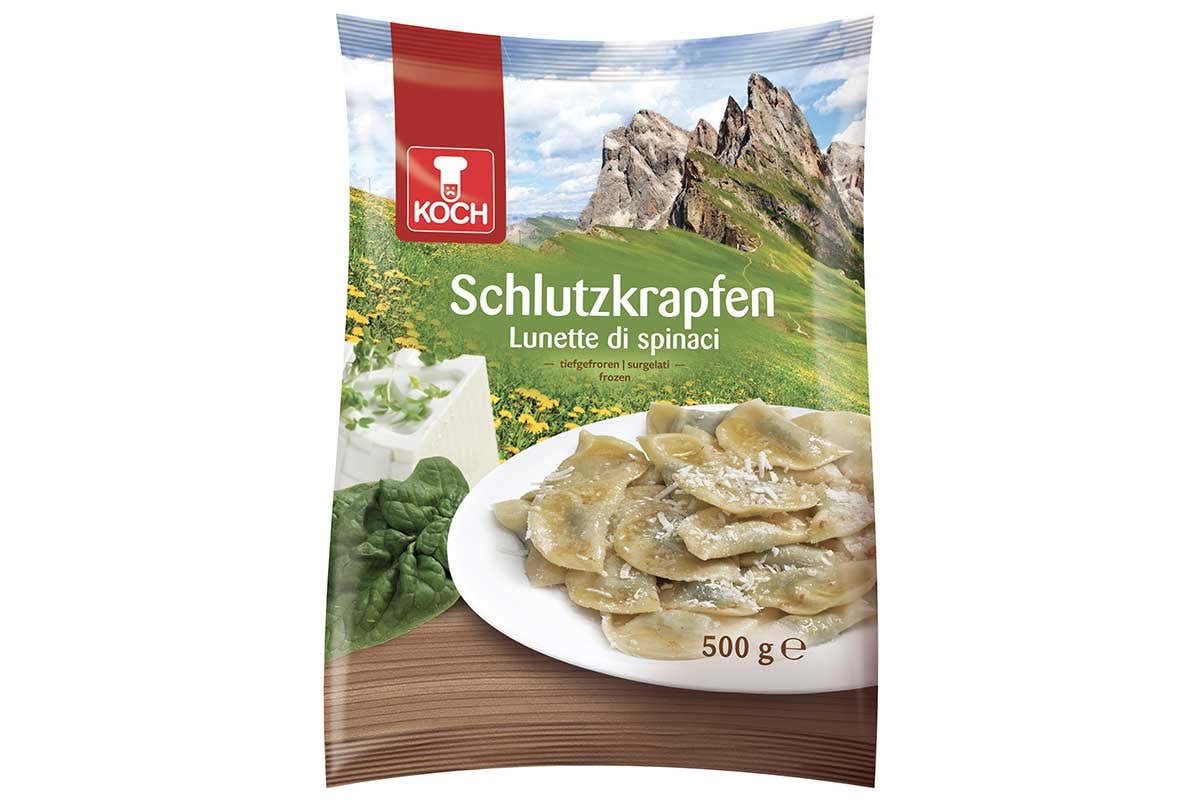 La confezione da 500 grammi di Schlutzkrapfen surgelati di Koch Schlutzkrapfen, le lunette agli spinaci firmate Koch