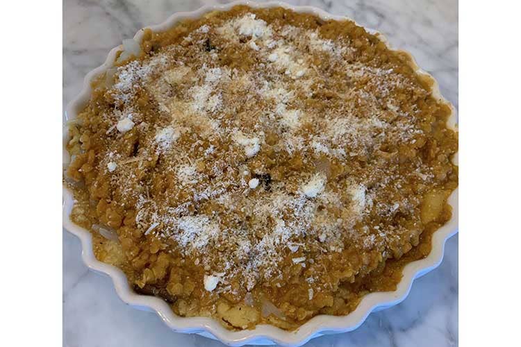 (Pasticcio di lenticchie rosse, polenta e funghi)