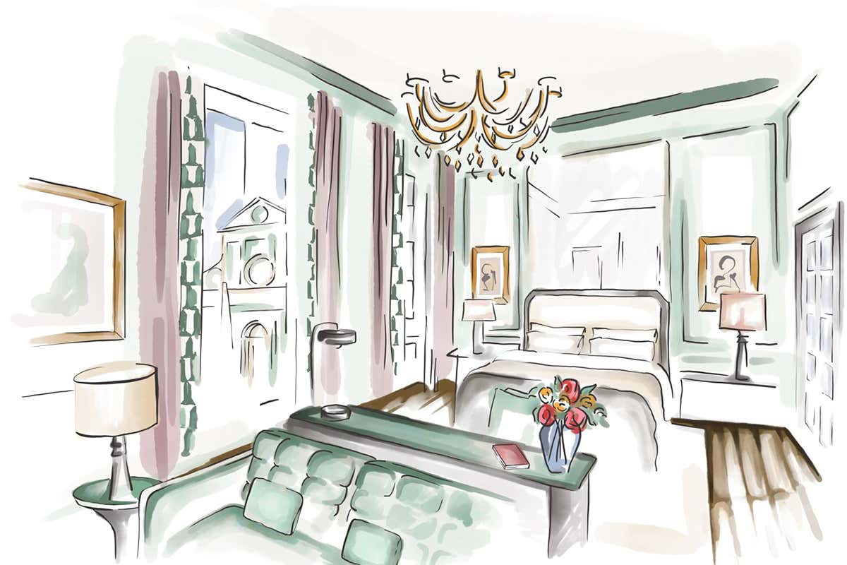 Illustrazione ad acquerello di una camera che esprime il comfort di un'escusiva intimit&agrave; fiorentina Il nuovo stile di The Place Firenze