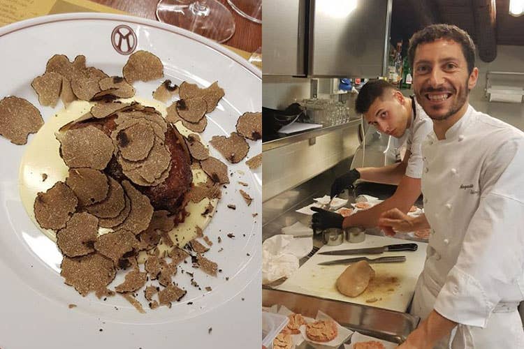 Augusto Pasini con uno dei piatti preparati (Tartufo e bollicine Majolini Abbinamento promosso)