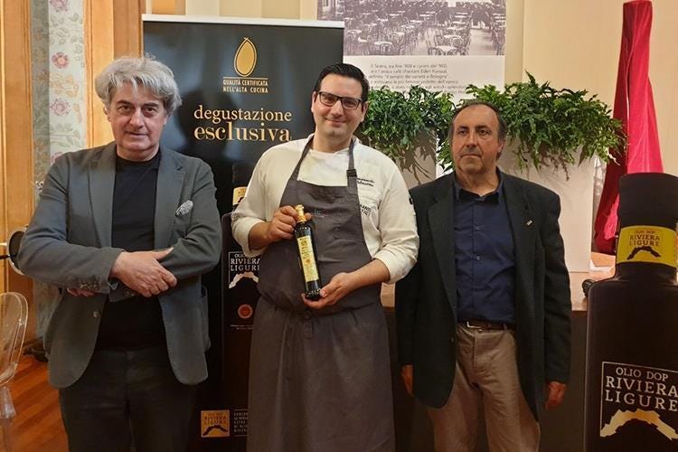 Luigi Caricato, Emanuele Petrosino e Marco Cusinato (Olio Riviera Ligure Dop nel piatto 
Più “leggera” la cucina di Petrosino)